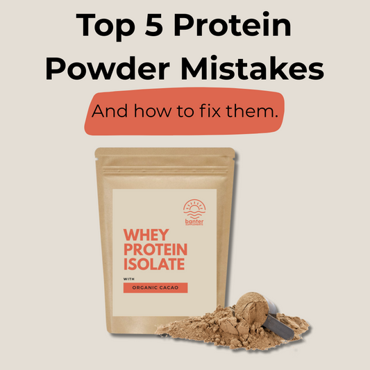 Banter Supplements Whey Protein Isolate in Organic Cacao flavour with a scoop of protein powder, highlighting top 5 protein powder mistakes