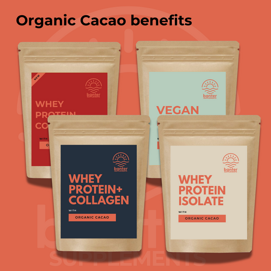 Banter Supplements protein range featuring organic raw cacao: Whey Protein Collagen, Vegan Protein, Whey Protein Isolate, and Whey Protein Concentrate pouches on an orange background