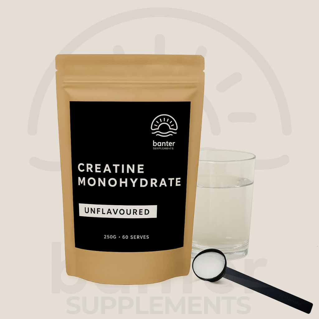 Banter Supplements Creatine Monohydrate pouch with branded scoop and glass of water on transparent background, showing daily creatine use for strength and recovery