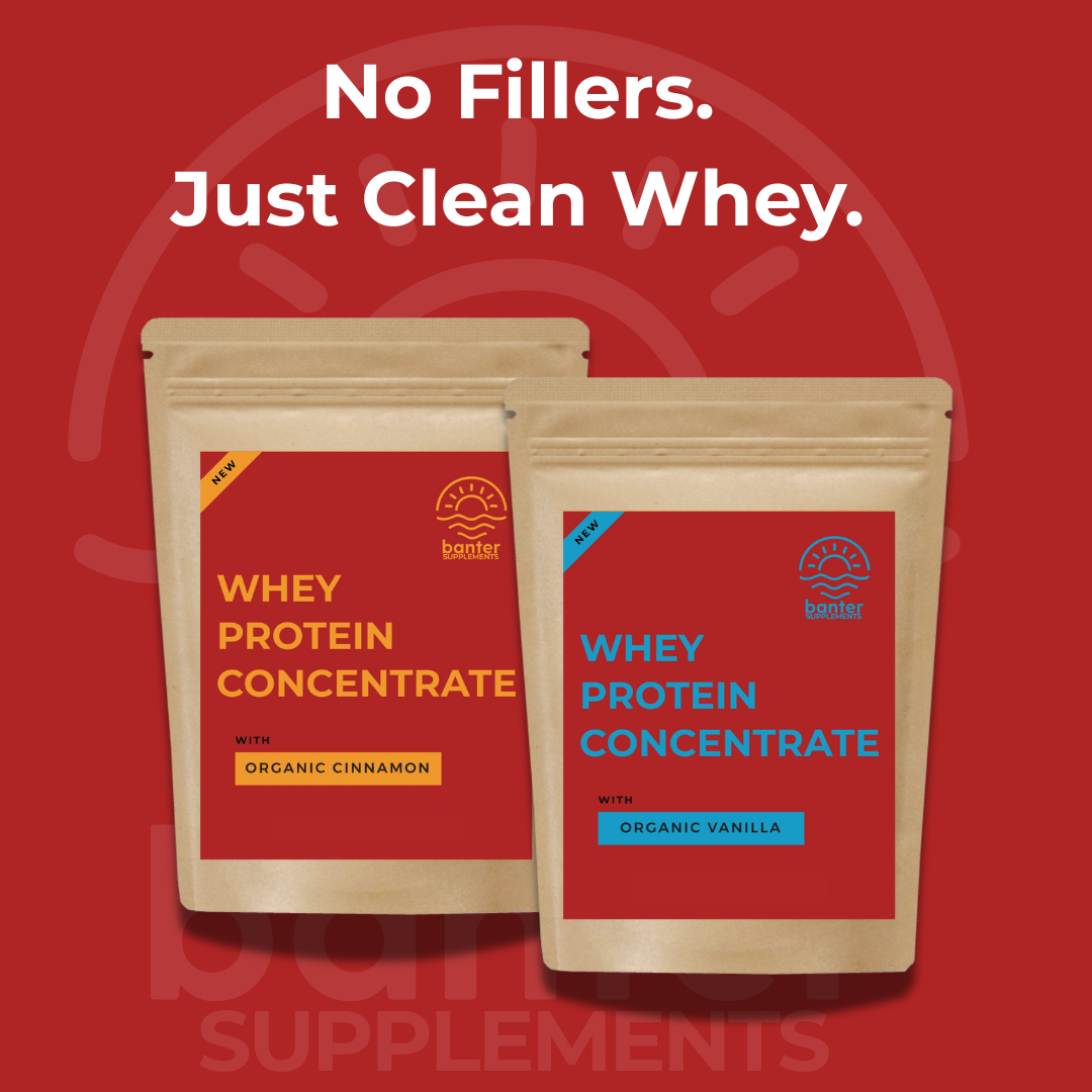 Banter Supplements Whey Protein Concentrate in Organic Vanilla and Organic Cinnamon. Clean protein without fillers, gums, or artificial ingredients.