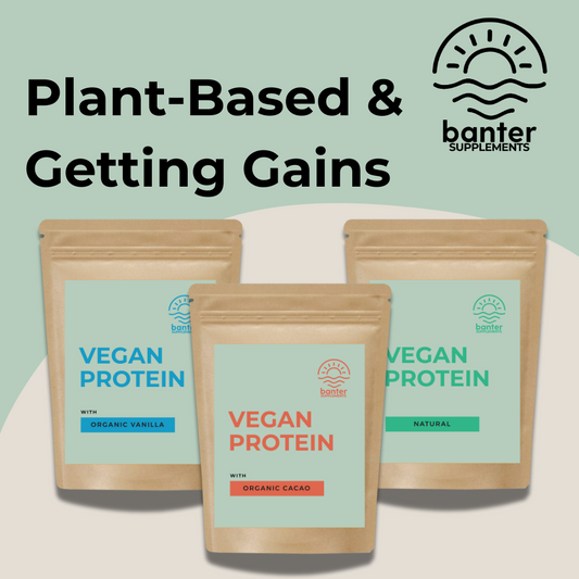 Banter Supplements Vegan Protein pouches in Organic Vanilla, Organic Cacao and Natural flavours, promoting plant-based protein made with organic hemp for vegans and vegetarians.