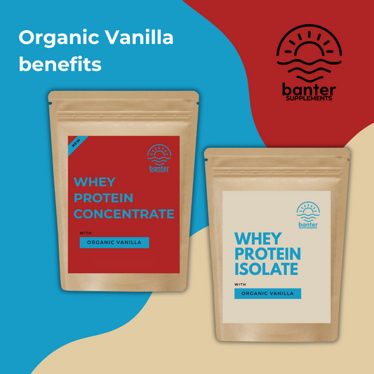 Banter Supplements protein pouches in Organic Vanilla flavour: Whey Protein Isolate and Whey Protein Concentrate shown on a clean, colourful background.