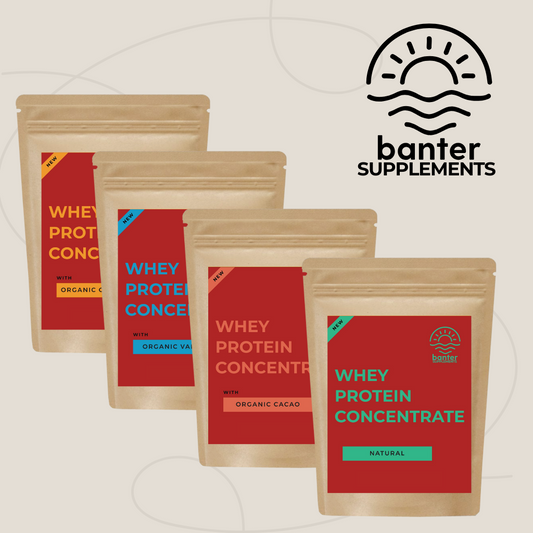 Banter Supplements Whey Protein Concentrate range including Organic Vanilla, Cacao, Cinnamon, and Natural flavours in stand-up kraft packaging