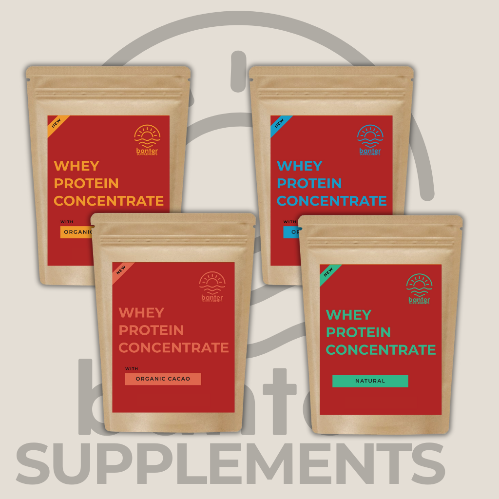Banter Supplements WPC whey protein range in kraft packaging – gut-friendly protein with no gums or fillers