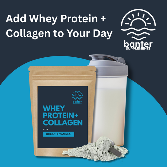 Banter Supplements Whey Protein + Collagen in Organic Vanilla flavour with a shaker and protein powder — clean, Australian-made blend to support muscle recovery, joint health, and skin vitality.