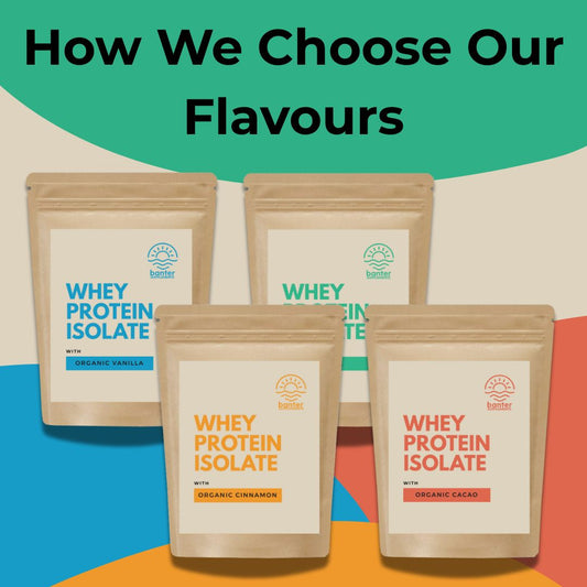 Banter Supplements whey protein isolate bags in organic vanilla cinnamon and cacao flavours on colourful background