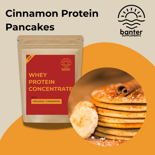 Stack of cinnamon protein pancakes made with Banter Organic Cinnamon Whey Protein, served with banana slices and a cinnamon stick, promoting a high-protein gut-friendly breakfast.