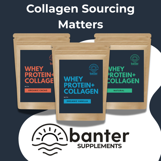 Banter Supplements Whey Protein + Collagen pouches in organic cacao, organic vanilla, and natural flavours — made with premium bovine collagen from fresh hides and pure whey protein isolate for joint, skin, and muscle recovery