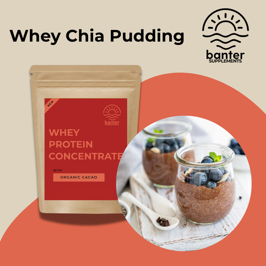 Glass jars of chocolate chia pudding topped with blueberries and mint beside Banter Organic Cacao Whey Protein bag on a beige and red background