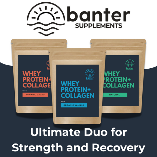 Banter Supplements Whey Protein + Collagen in organic cacao, vanilla, and natural flavours — the ultimate duo for strength, recovery, and skin health.