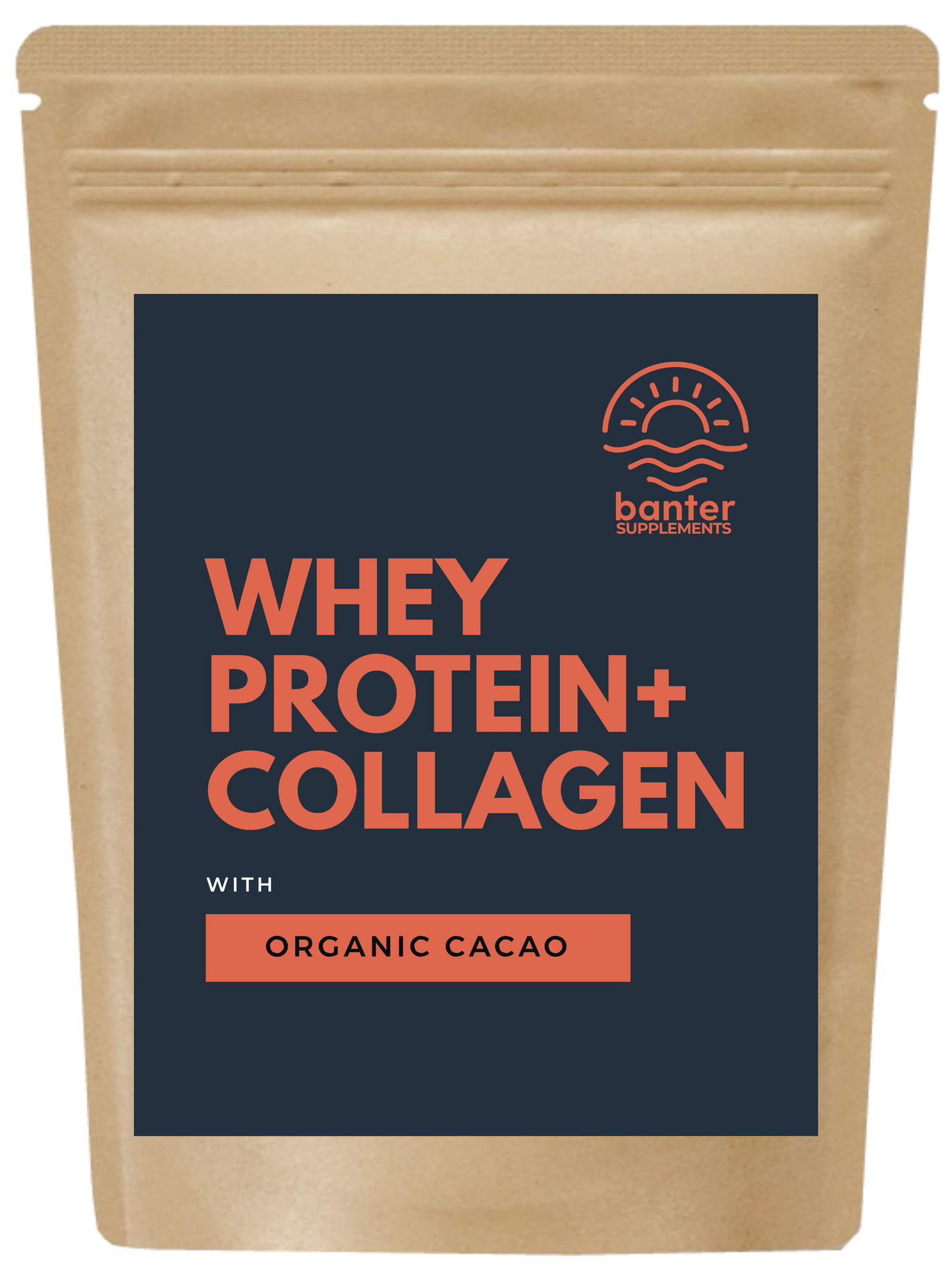 A package of WHEY PROTEIN + COLLAGEN with organic cacao, by Banter Supplements.