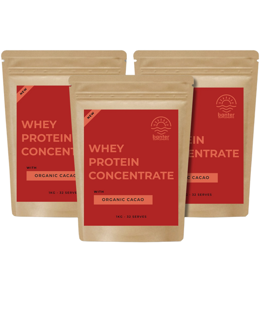 Three packages of whey protein concentrate with red labels on a white background