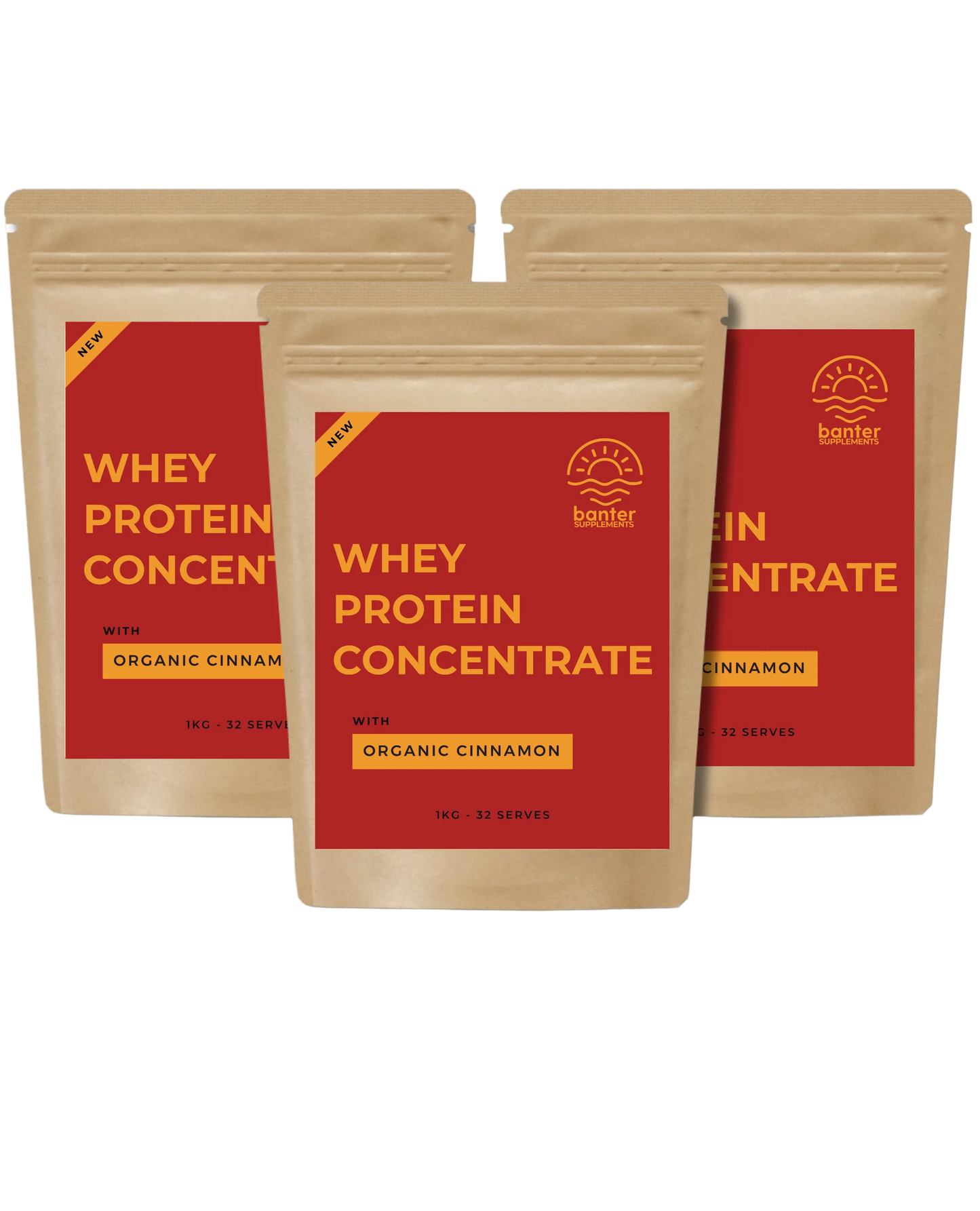 Three packages of whey protein concentrate with organic cinnamon flavor on a white background.