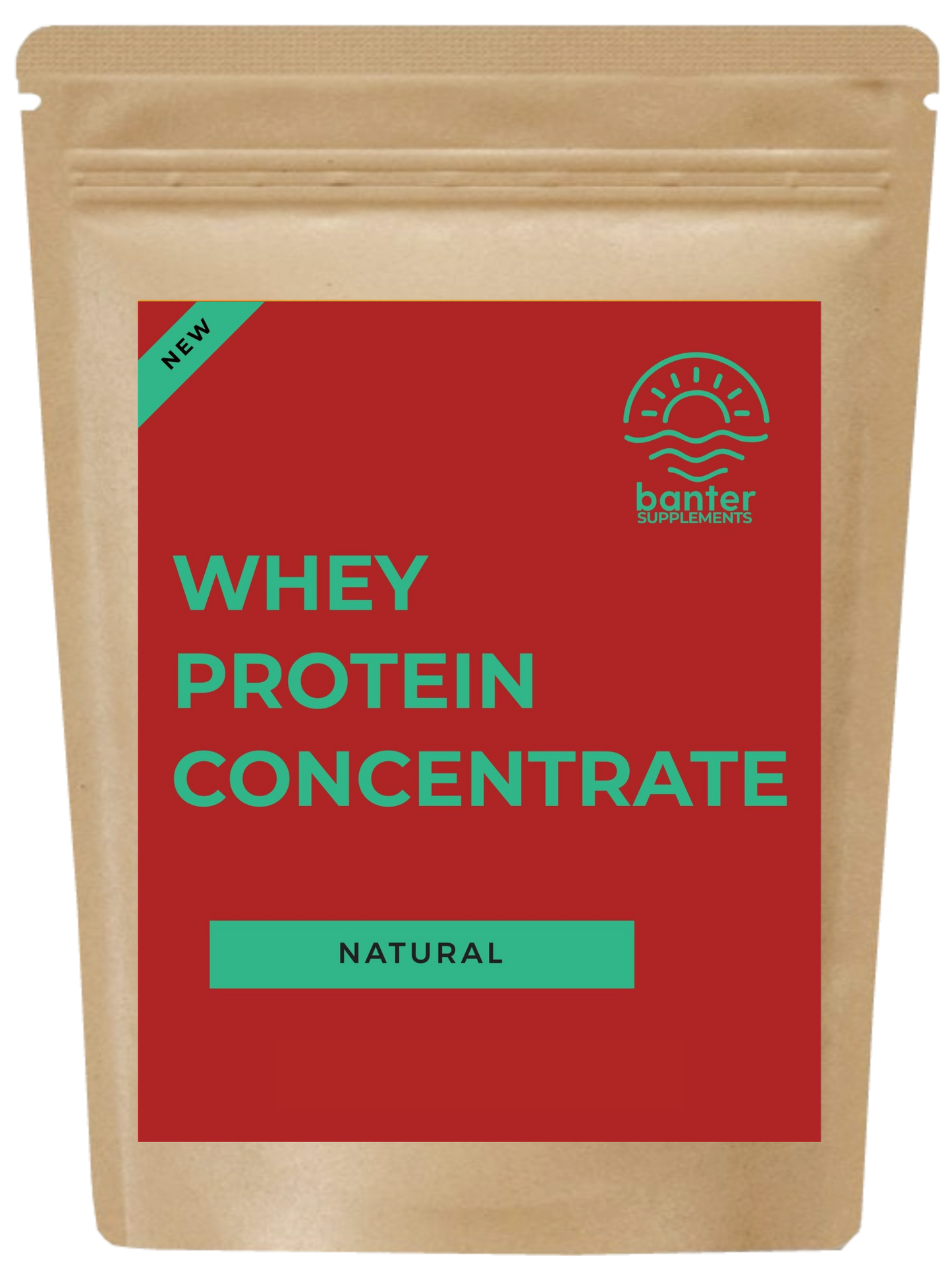 A pouch of Banter brand WPC - NATURAL (UNFLAVOURED) WHEY PROTEIN CONCENTRATE with a red label, indicating it is a natural, vegan-friendly protein supplement.