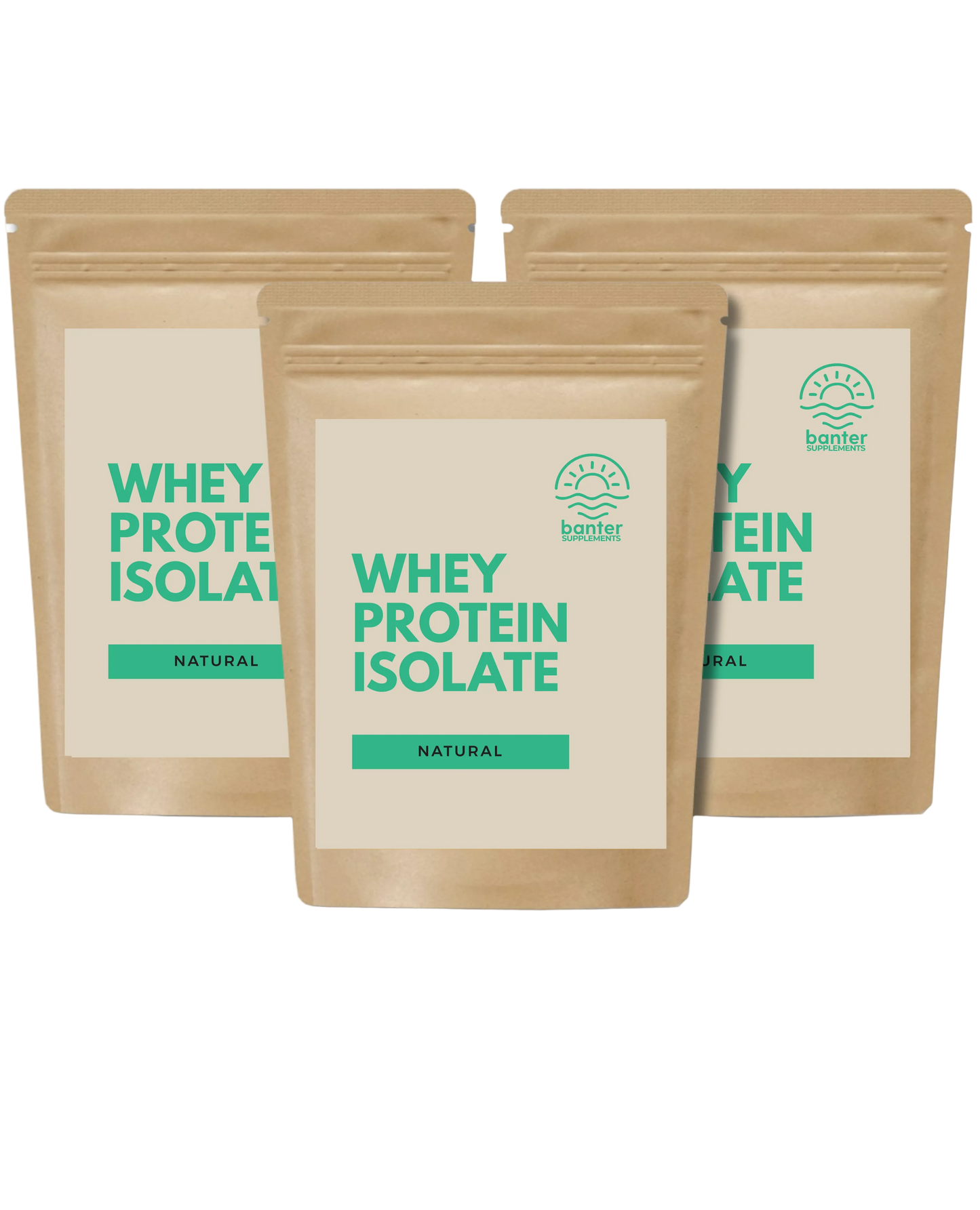 Three packages of whey protein isolate with a brand logo on a white background