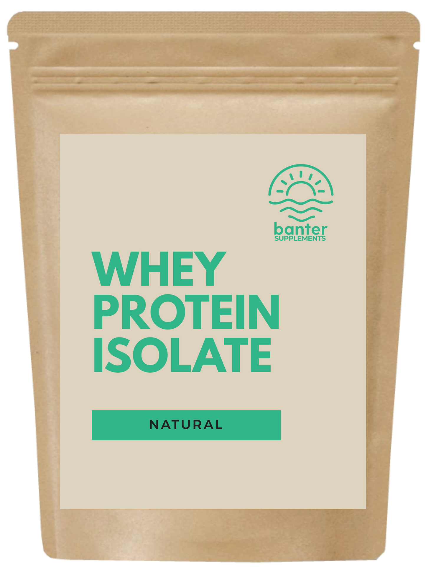A pouch of banter Supplements Whey Protein Isolate, unflavored, with a label indicating it is natural.