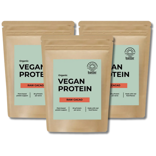 Banter Supplements Organic Vegan Protein Raw Cacao 3 x 1kg bundle made with premium plant-based hemp protein and organic raw cacao.