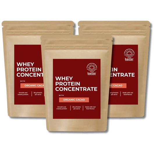 Banter Supplements Whey Protein Concentrate Organic Cinnamon 3 x 1kg bundle smooth and creamy whey protein made with real organic cacao.