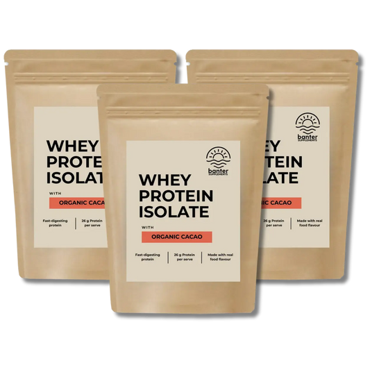 Banter Supplements Whey Protein Isolate Organic Cacao 3 x 1kg bundle made with real organic cacao.