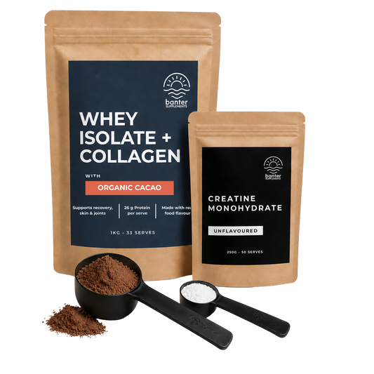 Banter Whey Protein Isolate plus Collagen Organic Chocolate Starter Pack including 1kg whey isolate plus collagen, 250g creatine monohydrate, protein scoop and creatine scoop.