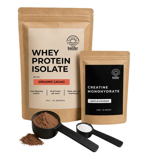 Banter Whey Protein Isolate Organic Cacao Starter Pack including 1kg whey protein, 250g creatine monohydrate, protein scoop and creatine scoop.