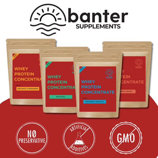 Banter Supplements Whey Protein Concentrate range in natural, vanilla, cacao and cinnamon flavours, displayed with clean label claims: no preservatives, no artificial additives, non-GMO. Affordable Australian protein powder for everyday nutrition.