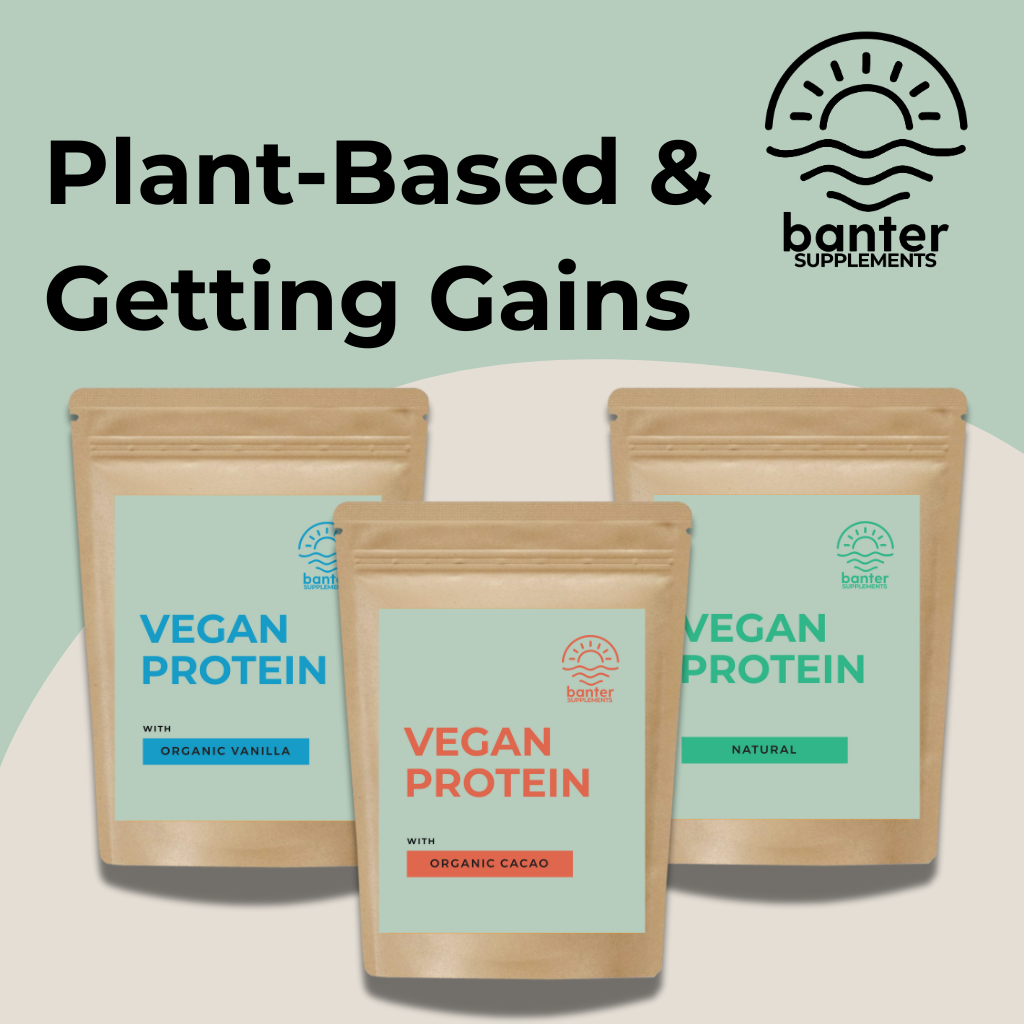 Banter Supplements Vegan Protein pouches in Organic Vanilla, Organic Cacao and Natural flavours, promoting plant-based protein made with organic hemp for vegans and vegetarians.