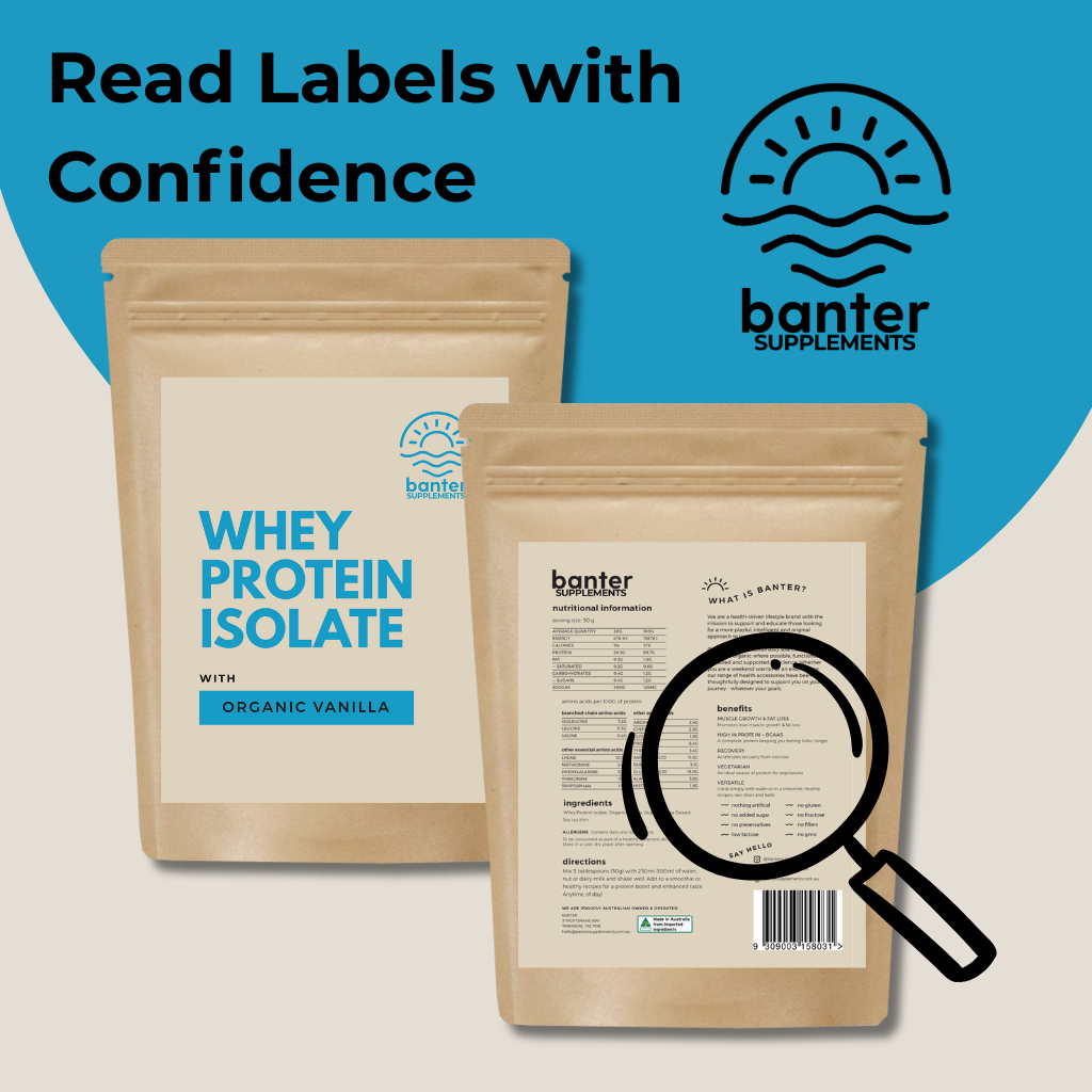 Front and back of Banter Supplements Whey Protein Isolate with Organic Vanilla, featuring a magnifying glass over the ingredient label to promote clean, transparent protein powder with no fillers or artificial ingredients.