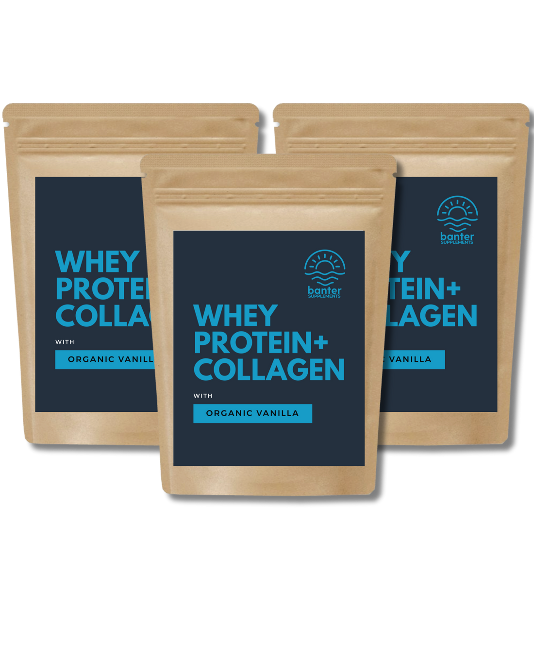 Banter Supplements 3kg protein bundle — three 1kg bags of Whey Protein + Collagen in Organic Vanilla flavour. Bulk Australian-made protein powder for everyday nutrition, joints, skin, and recovery