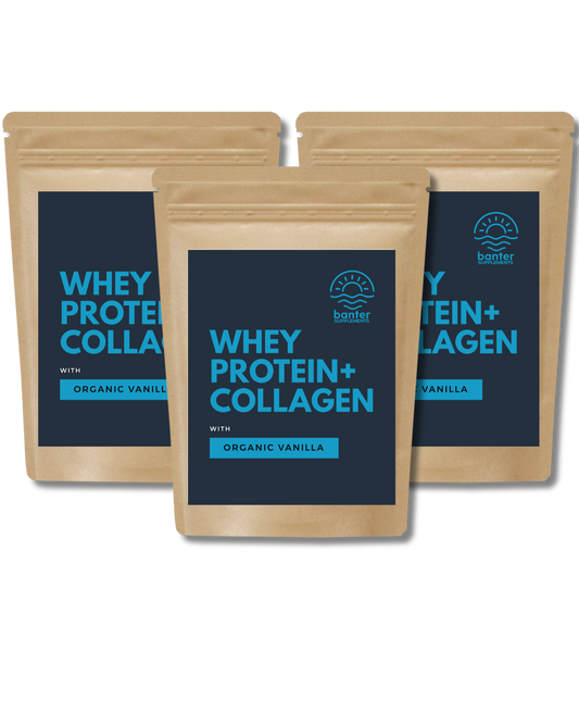 Banter Supplements 3kg protein bundle — three 1kg bags of Whey Protein + Collagen in Organic Vanilla flavour. Bulk Australian-made protein powder for everyday nutrition, joints, skin, and recovery