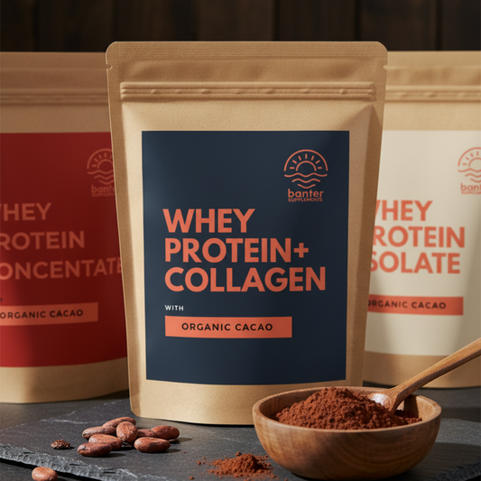 Banter Supplements whey protein with organic raw cacao powder in kraft pouch – Australian clean nutrition superfood