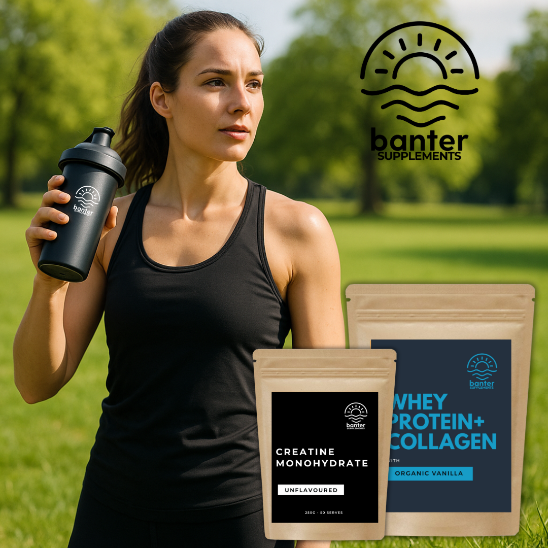 Fit woman outdoors holding Banter Supplements shaker with Whey Protein + Collagen and Creatine packs, symbolising spring fat loss and muscle recovery stack