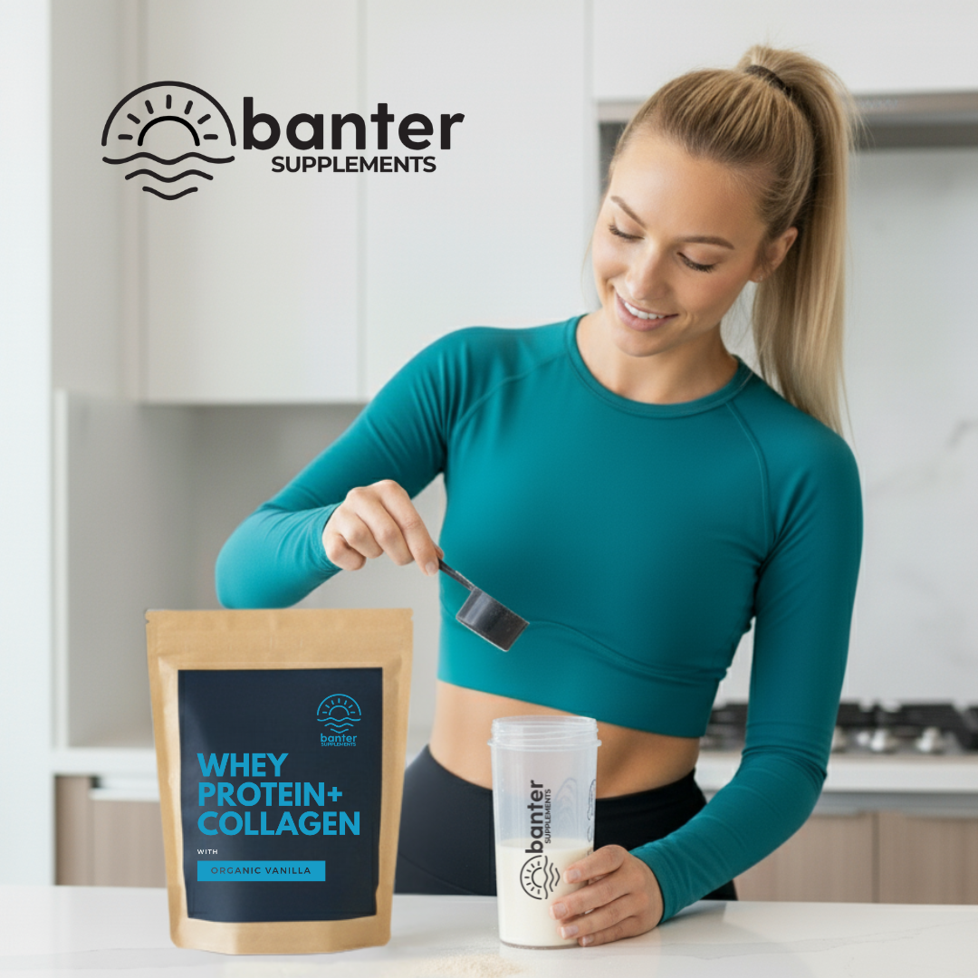 A woman in activewear preparing Banter Supplements Whey Protein + Collagen (Organic Vanilla) in a shaker bottle, with the product bag and scoop on a kitchen counter. Ideal for women's fitness and daily wellness.