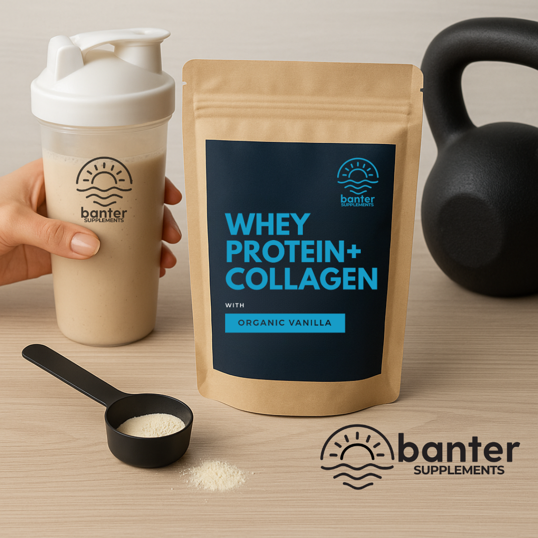 Banter Supplements Whey Protein + Collagen (Organic Vanilla) powder, with a shaker being held by a woman's hand, a scoop of powder, and a kettlebell. Designed for women's fitness, muscle support, and beauty from within.