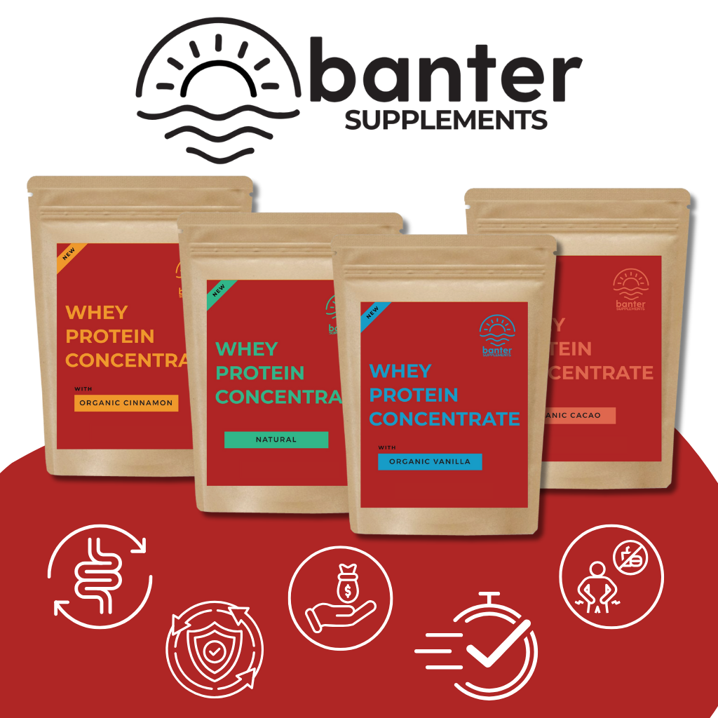 Banter Supplements Whey Protein Concentrate in natural, vanilla, cacao and cinnamon flavours with icons showing benefits: gut health, immunity, recovery, satiety and affordability.