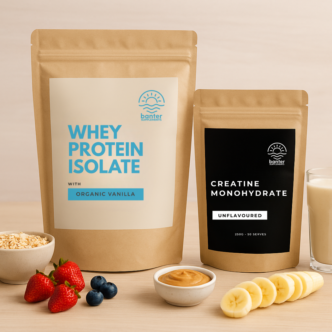 Banter Supplements Whey Protein Isolate and Creatine Monohydrate with oats, strawberries, blueberries, banana, peanut butter, and a protein shake for whole food pairings.