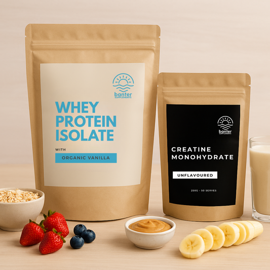 Banter Supplements Whey Protein Isolate and Creatine Monohydrate with oats, strawberries, blueberries, banana, peanut butter, and a protein shake for whole food pairings.