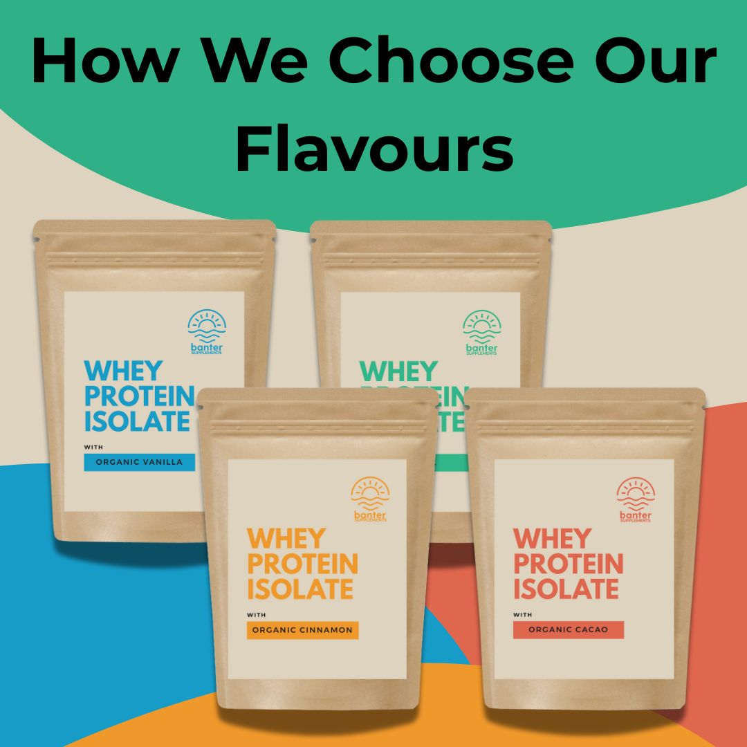 Banter Supplements whey protein isolate bags in organic vanilla cinnamon and cacao flavours on colourful background