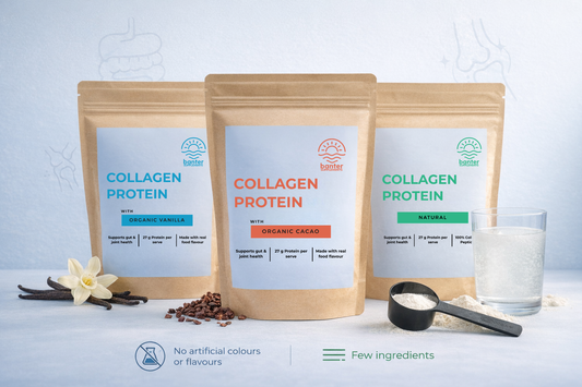 Gut-friendly collagen protein by Banter Supplements with organic vanilla, cacao and natural flavours, supporting digestion and joint health
