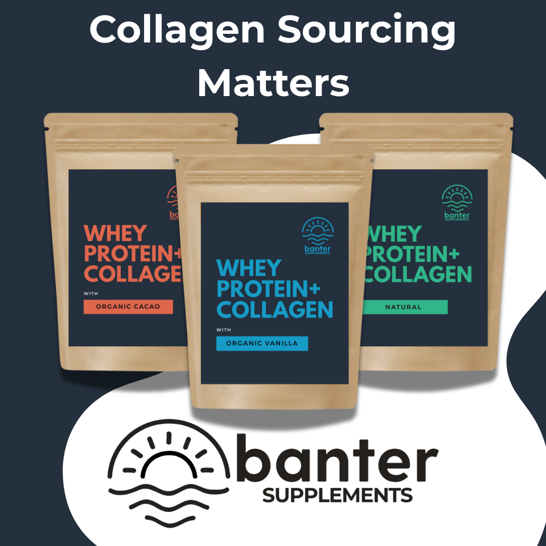 Banter Supplements Whey Protein + Collagen pouches in organic cacao, organic vanilla, and natural flavours — made with premium bovine collagen from fresh hides and pure whey protein isolate for joint, skin, and muscle recovery