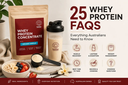 Whey Protein Concentrate FAQ guide explaining WPC, WPI, collagen protein, vegan protein, lactose, muscle recovery and everyday nutrition in Australia.