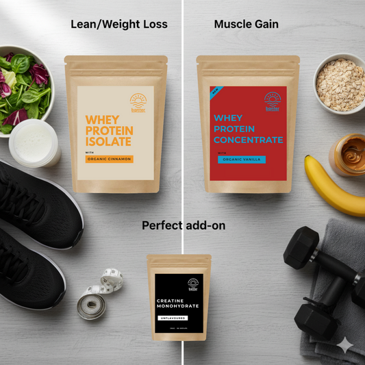 Banter Supplements whey protein isolate for weight loss, whey protein concentrate for muscle gain, and creatine monohydrate as the perfect add-on — clean Australian protein powders 2025.