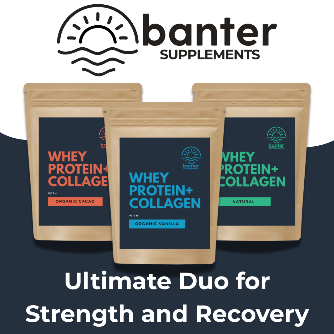 Banter Supplements Whey Protein + Collagen in organic cacao, vanilla, and natural flavours — the ultimate duo for strength, recovery, and skin health.