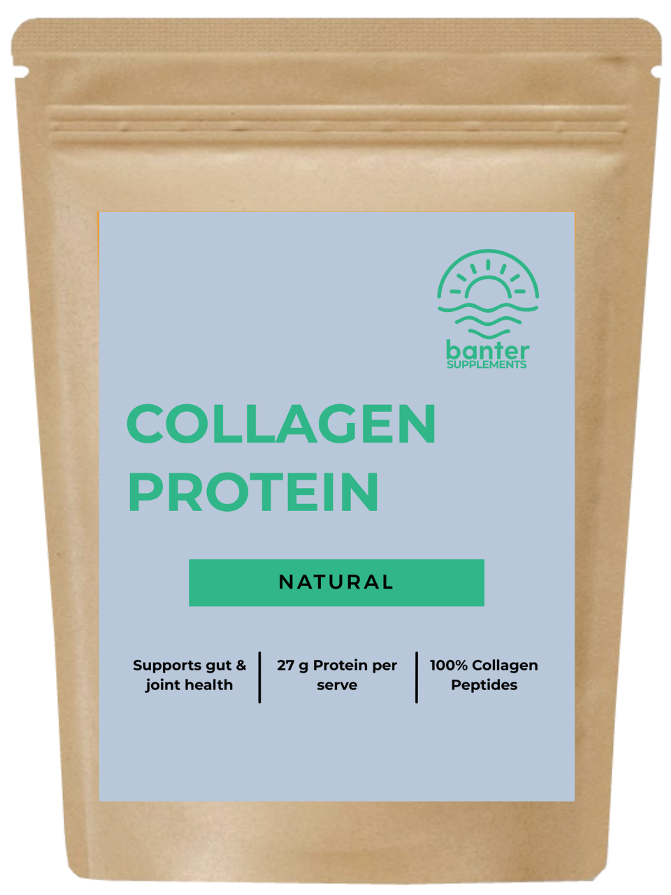 Banter Collagen Protein Natural (unflavoured) package with a light blue label on a white background