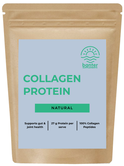 Banter Collagen Protein Natural (unflavoured) package with a light blue label on a white background