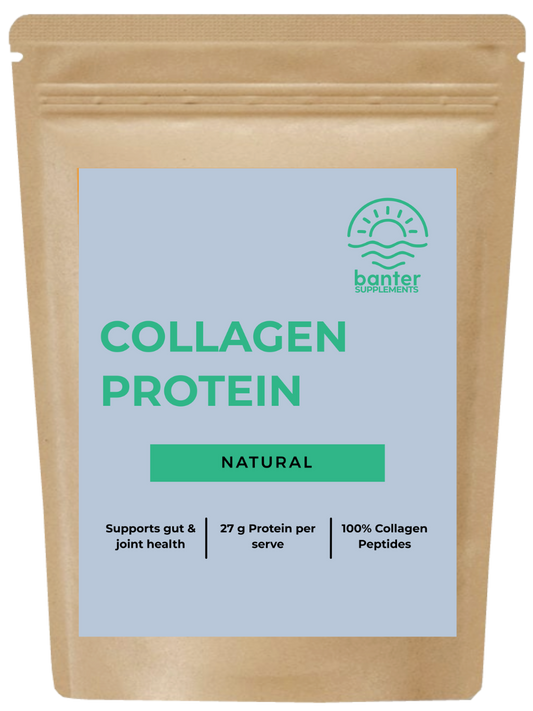 Banter Collagen Protein Natural (unflavoured) package with a light blue label on a white background