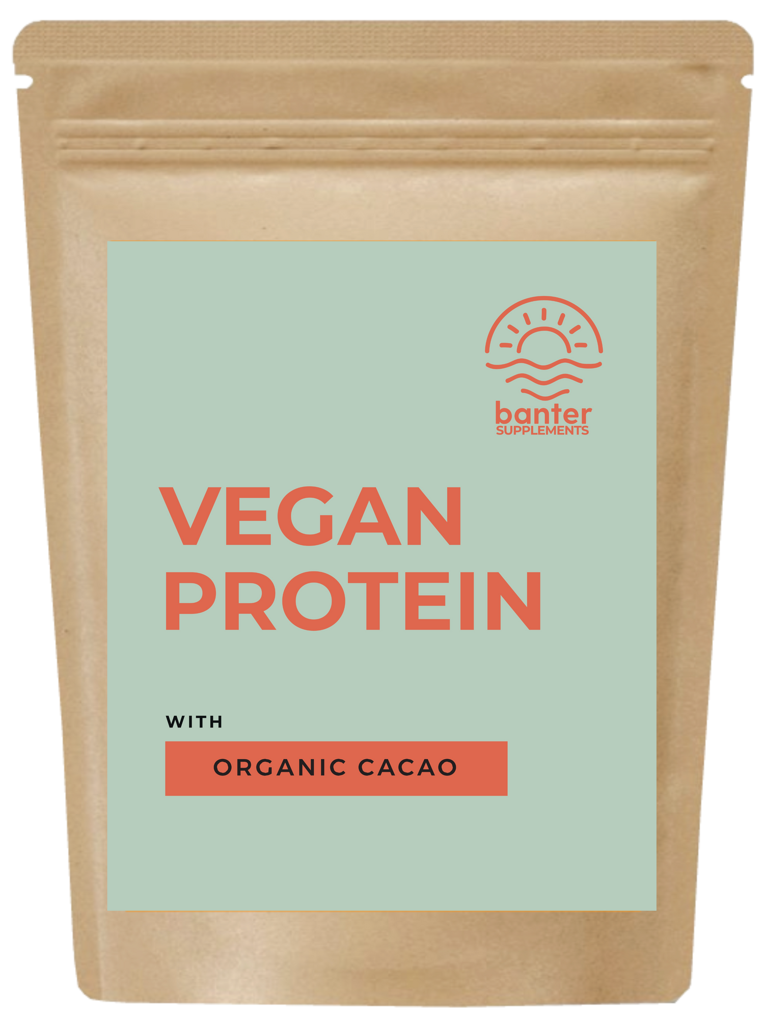 A package of VEGAN PROTEIN powder with Organic Cacao, branding and information visible.