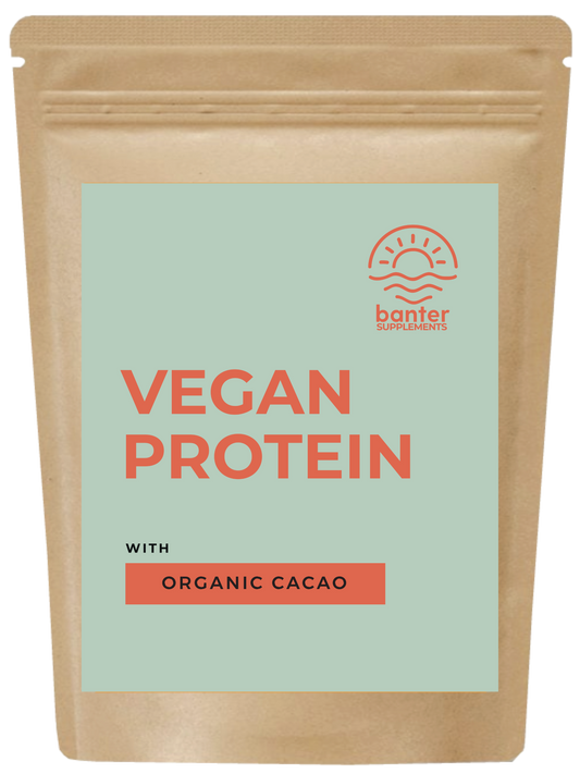 A package of VEGAN PROTEIN powder with Organic Cacao, branding and information visible.