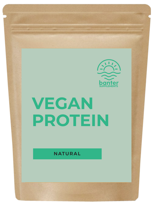 A pouch of VEGAN PROTEIN - NATURAL with the brand logo and product name visible.