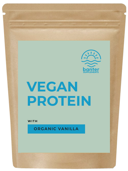 A package of VEGAN PROTEIN with organic vanilla flavor, marketed by banter supplements.